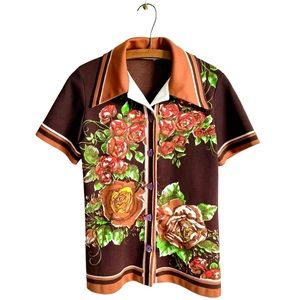 70s Western Vintage Floral Button Up Blouse Size M
